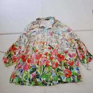 John Mark Shirt Womens 2X Multicolor Floral Collage Button Ruched Sleeve Tunic